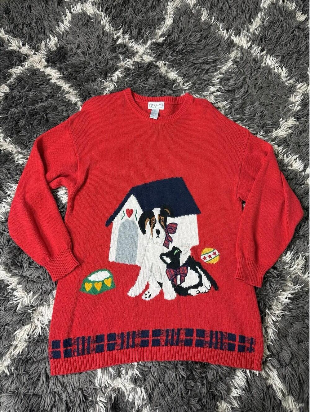 Vtg P Galli Designs Red Sweater Dog Cat 3D Applique Novelty Knit XL Ramie Cotton